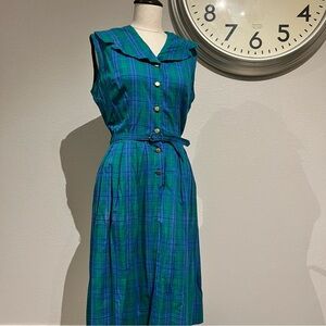 Vintage Blue-Green Plaid Midi Dress